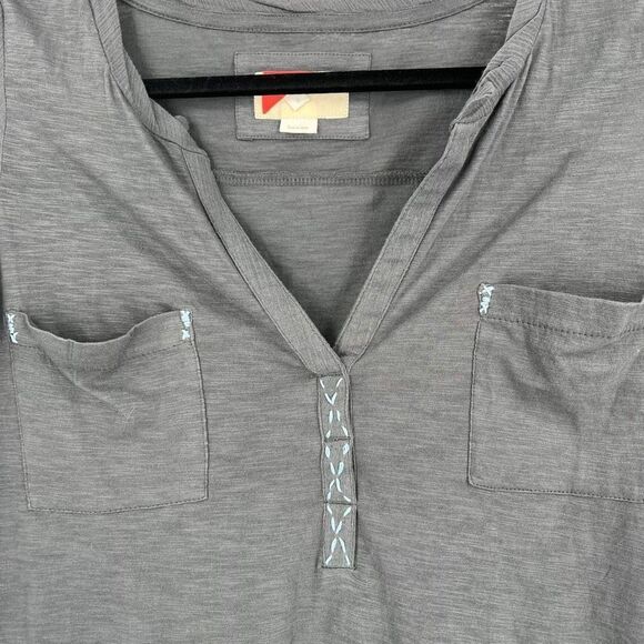 Anthropologie‎ Paper Locket Gray Crepe Drapey Contrast Blue Stitch Top Shirt XS - Picture 3 of 13